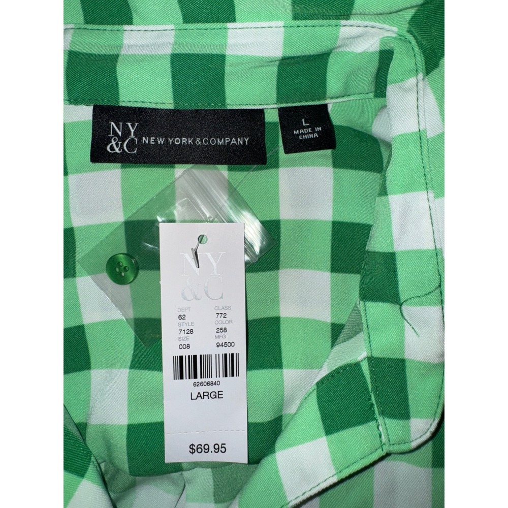 NY and Company Womens Green Gingham Plaid Shirt Dress Roll Tab Sleeve Large‎ NEW - Picture 4 of 7